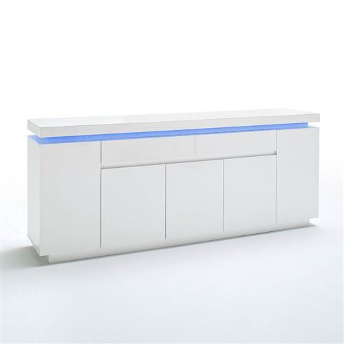Buffet OCEAN laqué blanc brillant 5 portes 2 tiroirs LED inclus