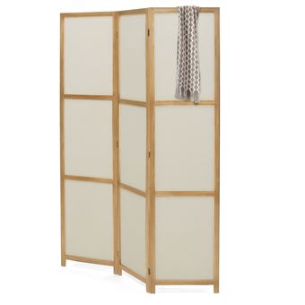 Paravent intérieur bois et tissu beige - 1