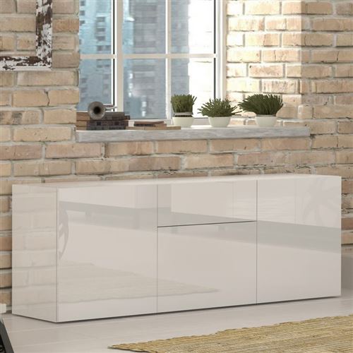 Meuble Salon 170cm Buffet Tiroir 3 Portes Blanc Brillant Metis Four