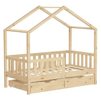 ML-Design Lit Cabane Enfant 70x140 cm Naturel en Bois Massif avec 2 Tiroirs, Protection - 1