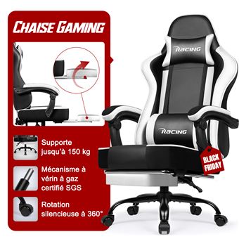 Chaise de jeu LUCKRACER avec repose-pieds Chaise de bureau ergonomique avec coussin lombaire réglable, coussin de tête Chaise de jeu, chaise de joueur réglable en hauteur, capacité de charge de 150 kg
