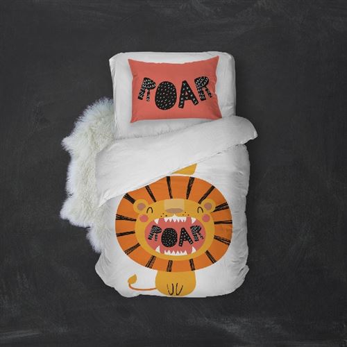 HOMEMANIA Pack oreiller et couette Lion - Blanc, orange, noir - 155 x 210 cm