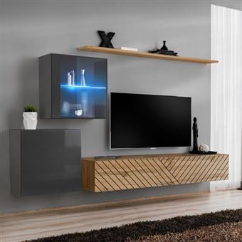 Ensemble Meuble TV "Switch Lamel XV" 260cm Naturel & Gris - 1