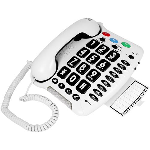 Téléphone Senior Fixe Mural Amplifié 30dB Forte Sonnerie Grand Clavier Geemarc Blanc