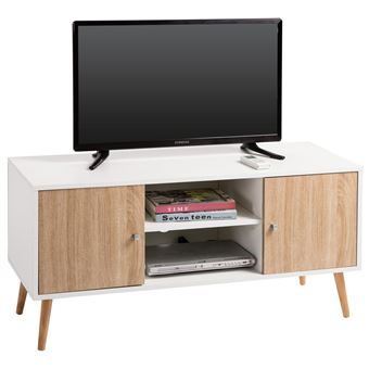 Meuble Tv Murcia Banc Tele 110 Cm Style Scandinave Design Vintage Avec 2 Niches Et 2 Portes Decor Blanc Mat Et Chene Sonoma Achat Prix Fnac
