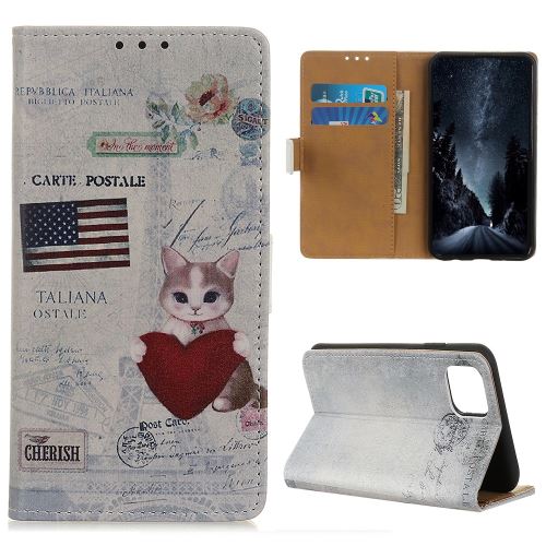 Etui en PU impression de modèle nous drapeau et chat tenant coeur pour votre Apple iPhone 6.5 pouces (2019)