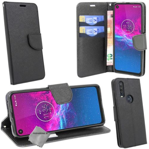 Housse portefeuille avec coque intérieure en silicone pour Motorola Moto E6 Plus - verre trempe inclus - NOIR / NOIR