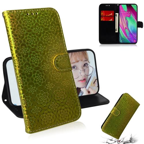 Etui en PU motif de fleurs avec support vert pour votre Samsung Galaxy A40