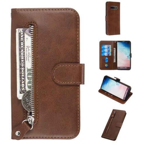 Etui en PU fermeture éclair avec support marron pour votre Samsung Galaxy S10 Plus