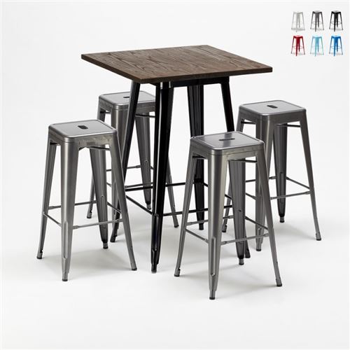 AHD Amazing Home Design - Ensemble Little Italy table haute et 4 tabourets en métal Tolix style industriel, Couleur: Gris