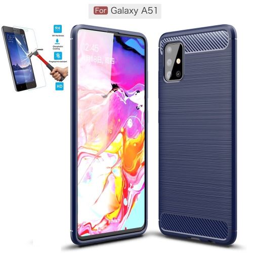 Coque Samsung Galaxy A51 Carbone Bleu Avec Film Verre Trempé Housse Etui En Silicone Gel Souple hfs-house®