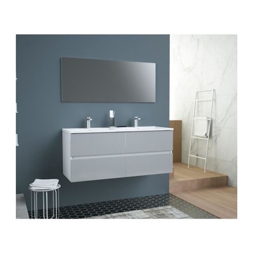 TOTEM Salle de bain 120cm - Gris - 4 tiroirs fermetures ralenties - double vasque en ceramique + miroir