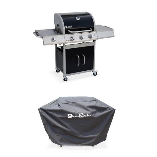 Barbecue gaz inox 14kW – Richelieu noir – Barbecue 4 brûleurs dont 1 feu latéral côté grill et côté plancha housse de protection incluse