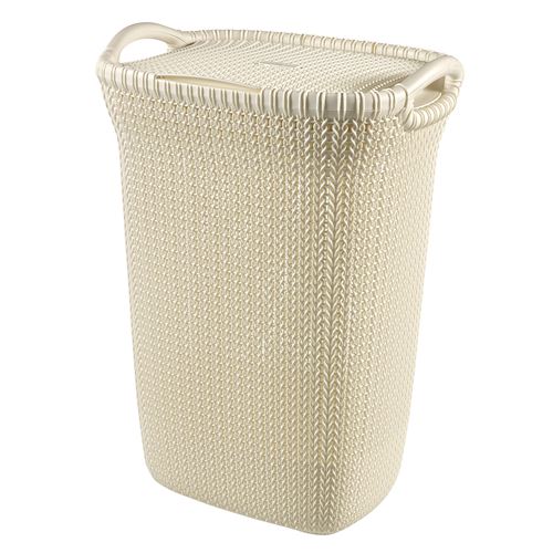 CURVER Coffre a linge 57 L - Aspect tricot - Blanc cassé - Avec poignées et couvercle a clip