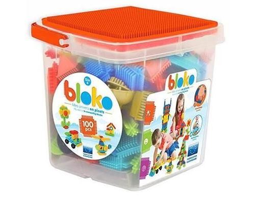 Jeu d'assemblage – BLOKO – Baril de 100 BLOKO et 1 plaque base orange – Dès 12 mois – Fabriqué en Europe