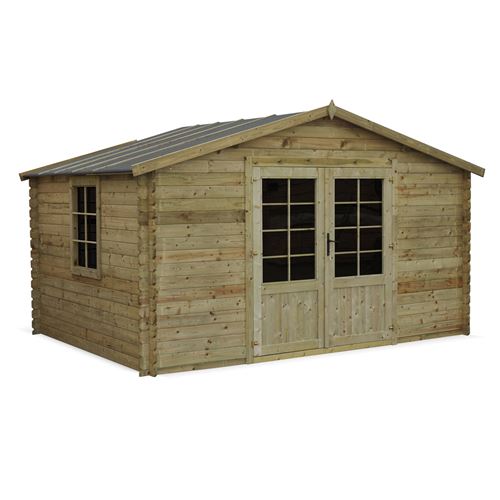 Abri de jardin 3 x 4 m traité autoclave classe 3 SERRE CHEVALIER en bois de 129 m² structure en madriers 28 mm sapin du nord