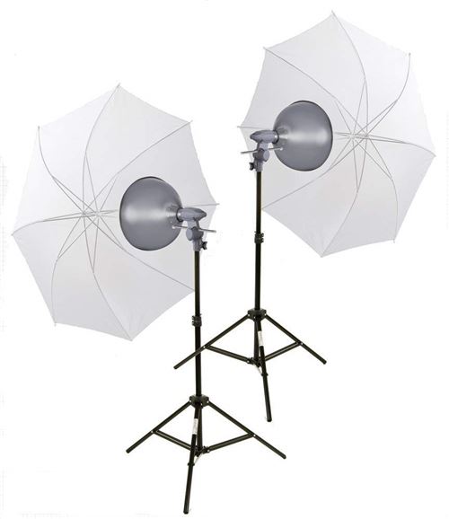 Interfit INT160 Kits de 2 têtes + 2 x réflecteurs + 2 lampes tungstène de 500 W + 2 pieds + 2 parapluies translucides