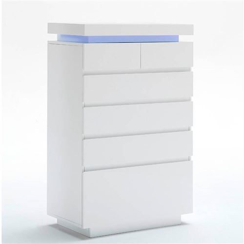 Commode haute OCEAN laqué blanc brillant 6 tiroirs LED blanc inclus
