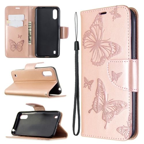 Etui en PU flip papillon or rose pour votre Samsung Galaxy A01