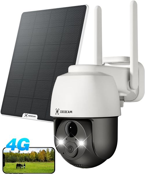 Caméra de surveillance COCOCAM 4G LTE extérieure sans fil, PTZ solaire 2K avec carte SIM, détection humaine PIR, reconnaissance AI, batterie 10 000 mAh, Cloud TF, compatible avec Alexa