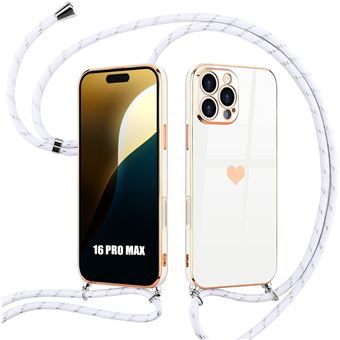 Coque pour iPhone 16 Pro Max, Blanc Souple TPU Antichoc Motif Cœur Anti-Rayure avec Cordon Réglable - BOOLING - 1