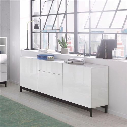 Buffet Salon Tiroir 3 Portes 170cm Blanc Brillant Metis Four Up