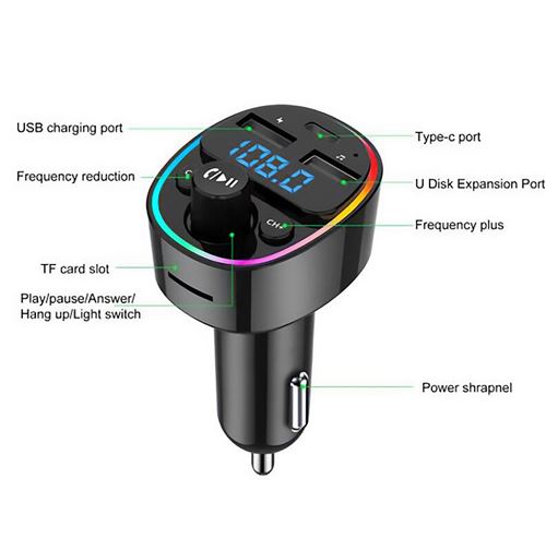 Transmetteur FM Bluetooth pour voiture, LED 7 couleurs avec charge QC3.0,  assistant Siri Google, clé USB, carte microSD, kit de voiture mains libres  (blanc)
