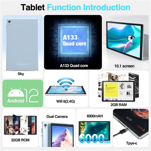 121€ sur Tablette Android 12 Quad Core 10 pouces WiFi Bluetooth 2GB + 32GB  Noir YONIS - Tablette tactile - Achat & prix