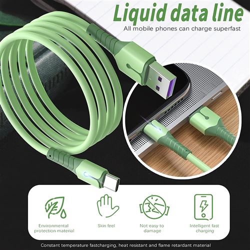 Cable USB-Type C Charge Rapide 3A Silicone Vert 2m Pour Smartphone