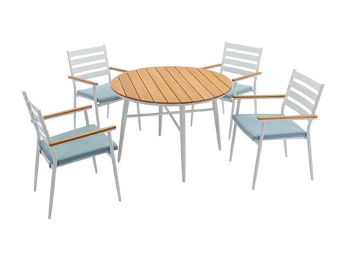 Salle à manger de jardin en bois et aluminium : une table D.110 cm et 4 fauteuils - Blanc et naturel clair - MIAMI de MYLIA