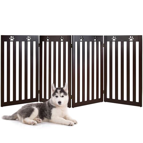 barrière giantex autoportante pour chien 4 panneaux en bois charnières métalliques à 360° sans perçage pour maison escaliers marron