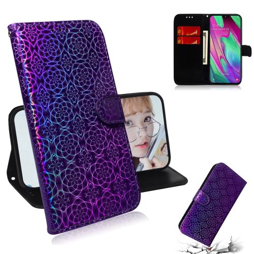 Etui en PU motif de fleurs avec support violet pour votre Samsung Galaxy A40