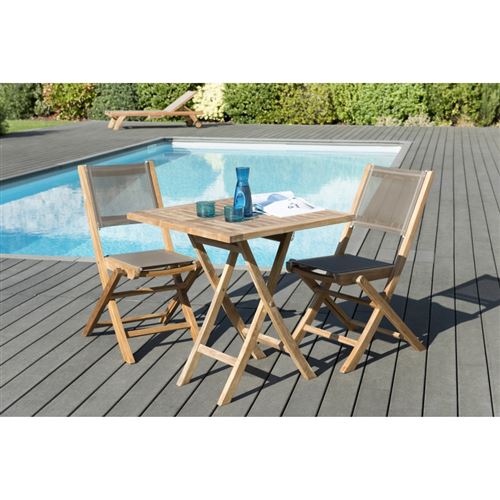 Salon de jardin bois teck grade A: 1 table carrée pliante 70*70cm et 1 lot de 2 chaises pliantes textilène couleur taupe