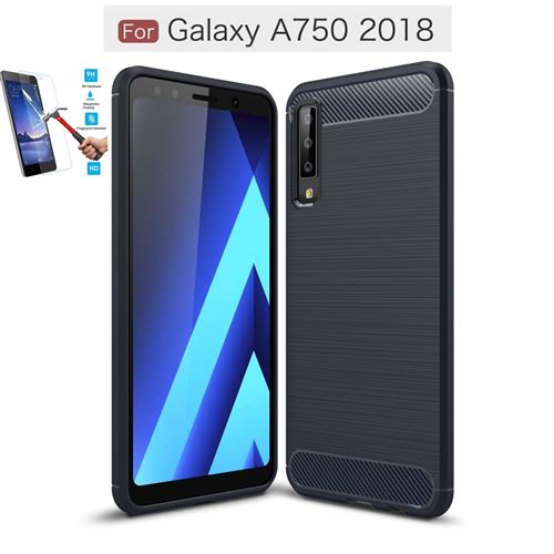 Samsung Galaxy A7 2018 Carbone Bleu Avec Film Verre Trempé Coque Housse Etui En Silicone Gel Souple hfs-house®