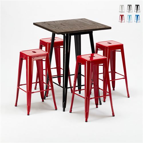 AHD Amazing Home Design - Ensemble Little Italy table haute et 4 tabourets en métal Tolix style industriel, Couleur: Rouge