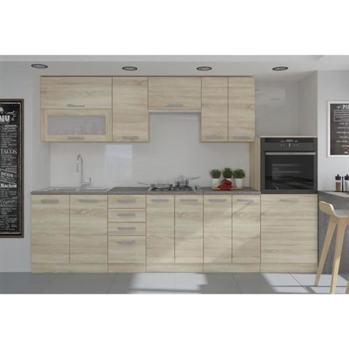 LASSEN Cuisine complete L 300 cm avec demi-colonne four et hotte - Decor chene sonoma