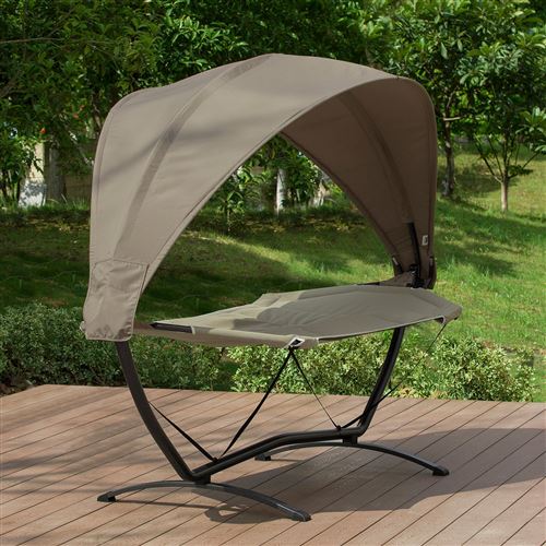 SoBuy OGS51-BR Hamac de Jardin avec Support et Pare-Soleil Bain de Soleil Transat Suspendu - Surface de Couchage L214xP100cm - Marron