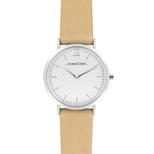 Montre Femme Andreas Osten Cadran 36mm En Steel Blanc Et Bracelet Beige En Cuir AO-150