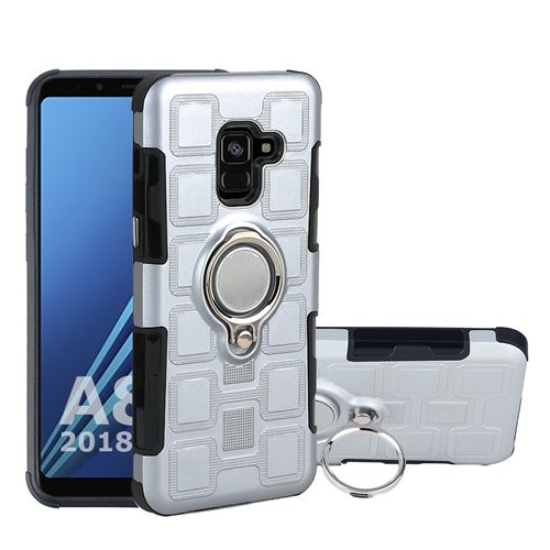 Coque en TPU hybride géométrique avec support voiture bague de montage argent pour votre Samsung Galaxy A8 (2018)