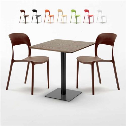 Table carrée 60x60 pied noir et plateau bois avec 2 chaises colorées Restaurant Kiss, Couleur: Marron