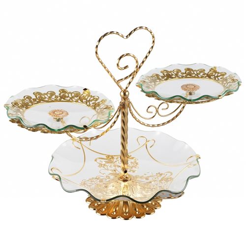 Présentoir oriental doré à pâtisseries en acier - Avec trois assiettes en verre - Or