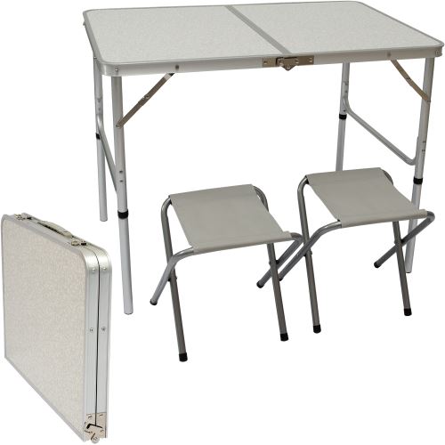 AMANKA Table de Camping pliable réglable en hauteur 90x60x70cm incl 2 Tabourets pliants format malle