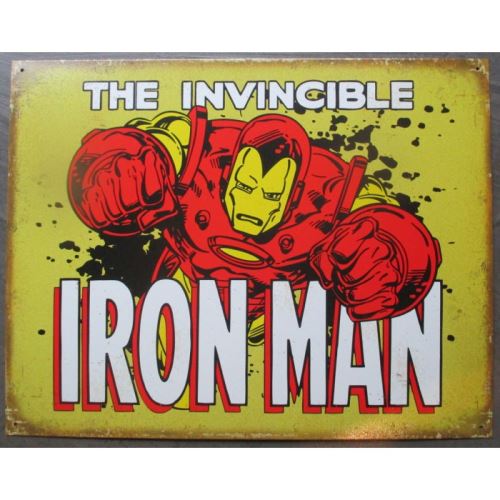 plaque super hero iron man en gros plan qui passe a travers un mur tole affiche