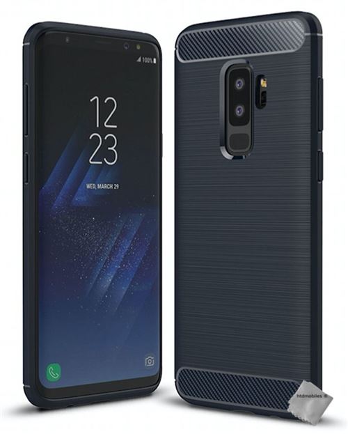 Housse etui coque silicone gel carbone pour Samsung Galaxy S9+ Plus avec verre trempe - BLEU FONCE
