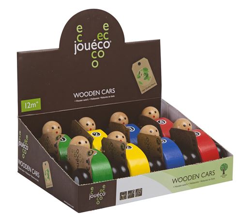 Joueco - Voitures en bois 4 assorties en présentoir