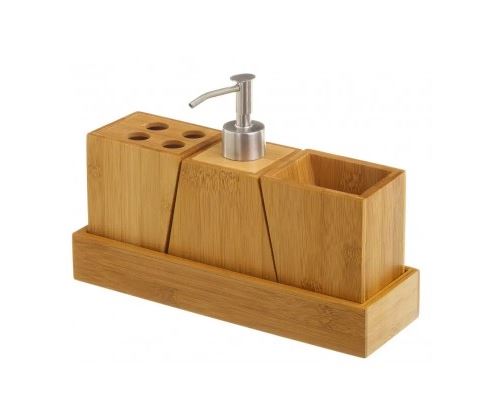 Set Bambou Salle de Bain Distributeur Savon, Porte Brosse à Dents, Gobelet Rangement