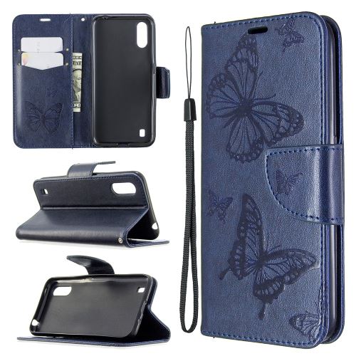 Etui en PU flip papillon bleu foncé pour votre Samsung Galaxy A01