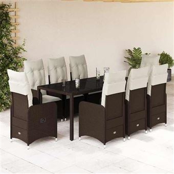 vidaXL Ensemble de bistro de jardin 9 pcs coussins marron poly rotin - 1
