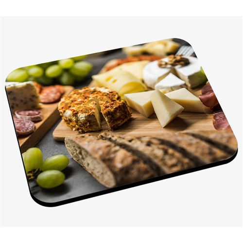 Tapis de souris Plateaux de fromages français, charcuterie, raisins et pain