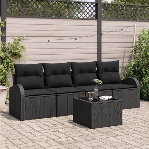 Ensemble de canapé de jardin de 5 pièces avec coussins noir poly rattan